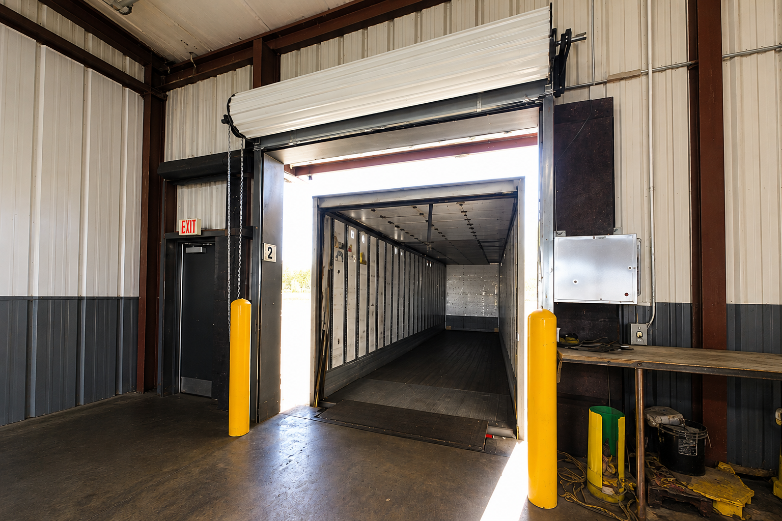 Commercial loading dock interior with trailer backed into bay