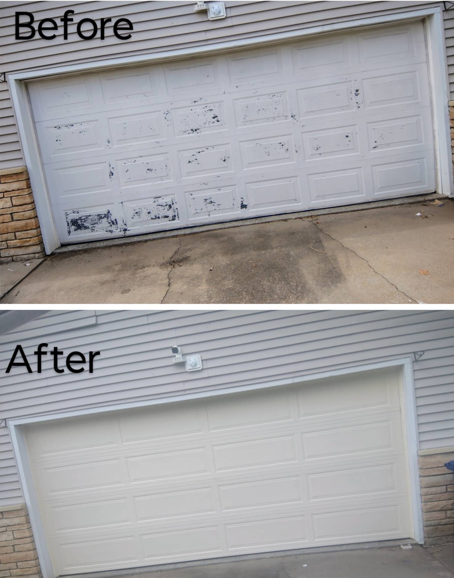 Before and after of a weathered garage door restored to like-new condition