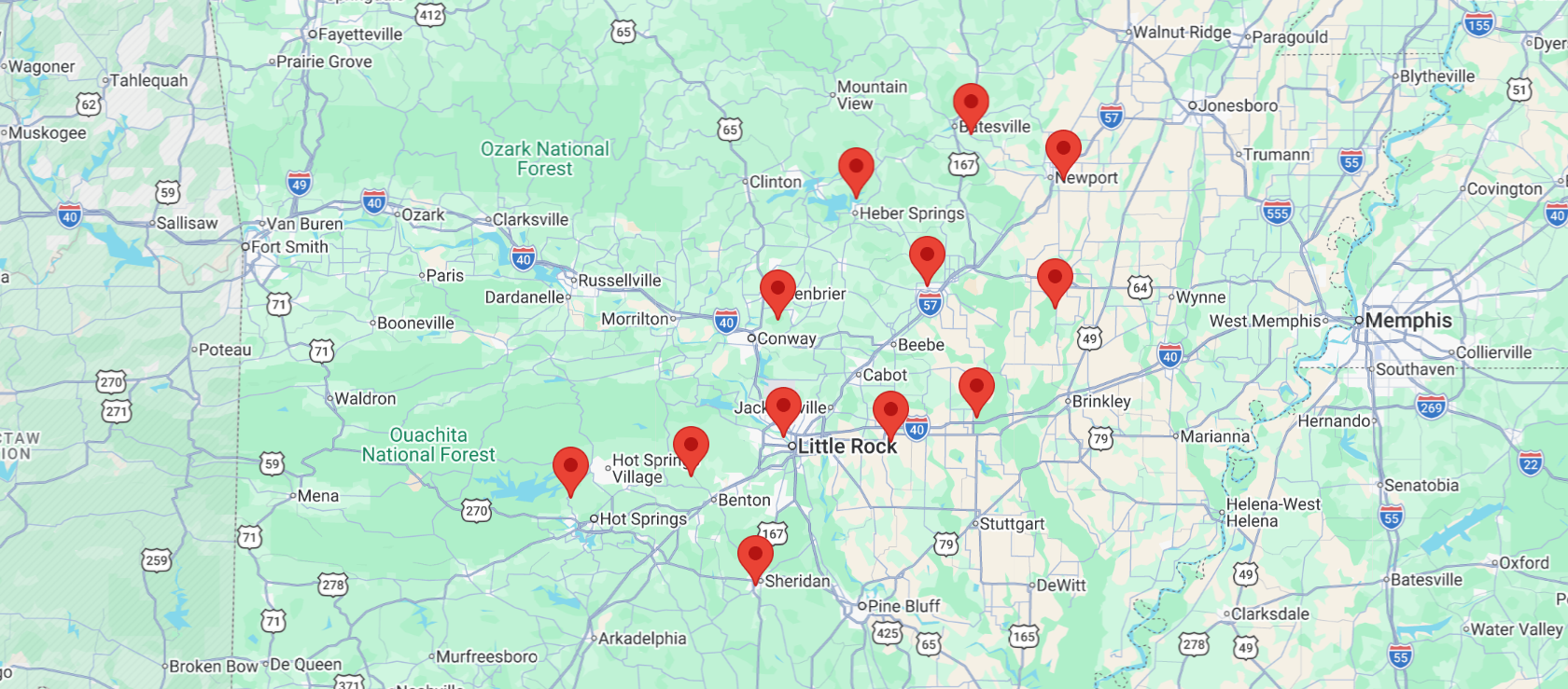 McGriff Repair & Install service area map showing counties served across Central and Northeast Arkansas
