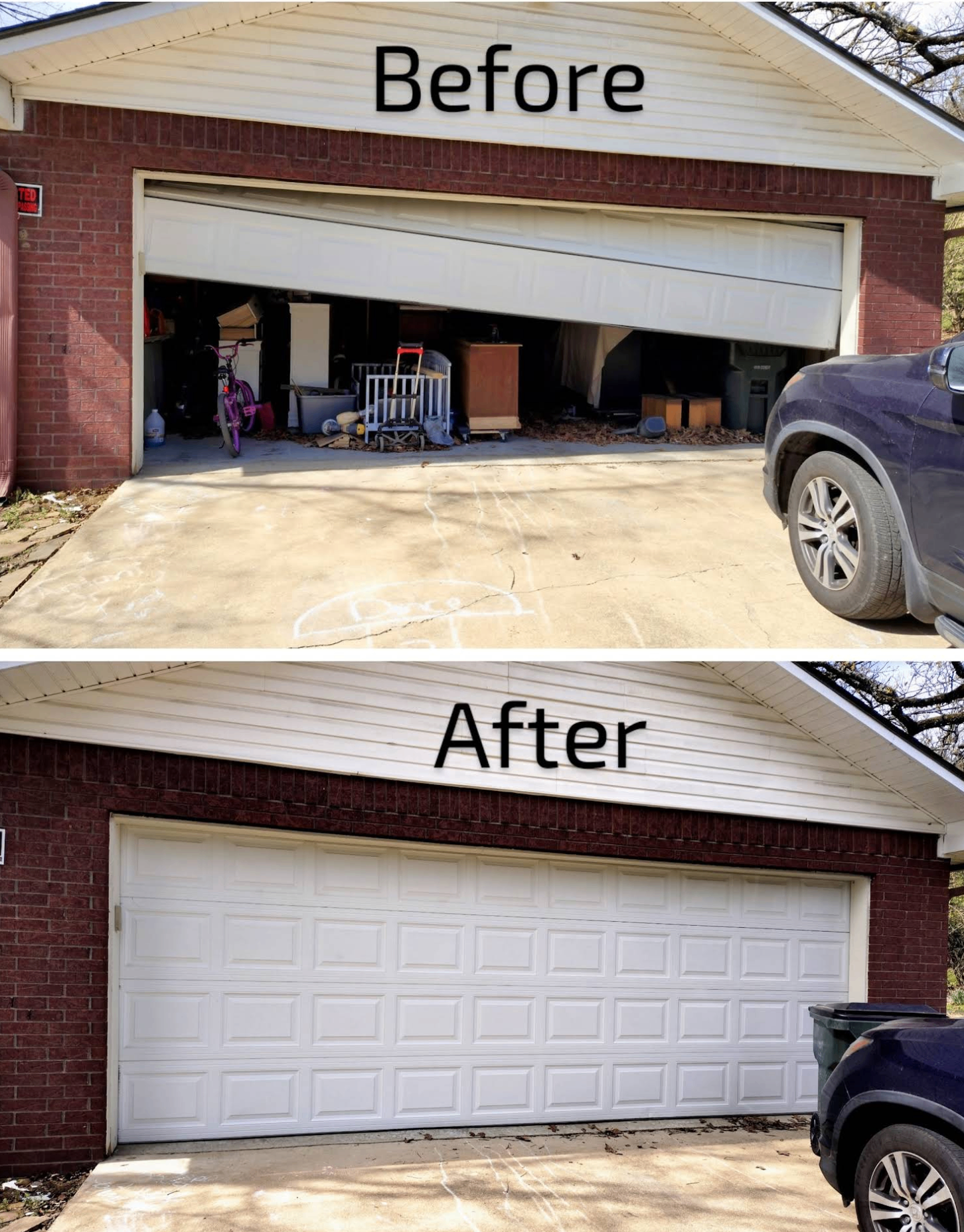 Before and after of a residential garage door replacement in Arkansas