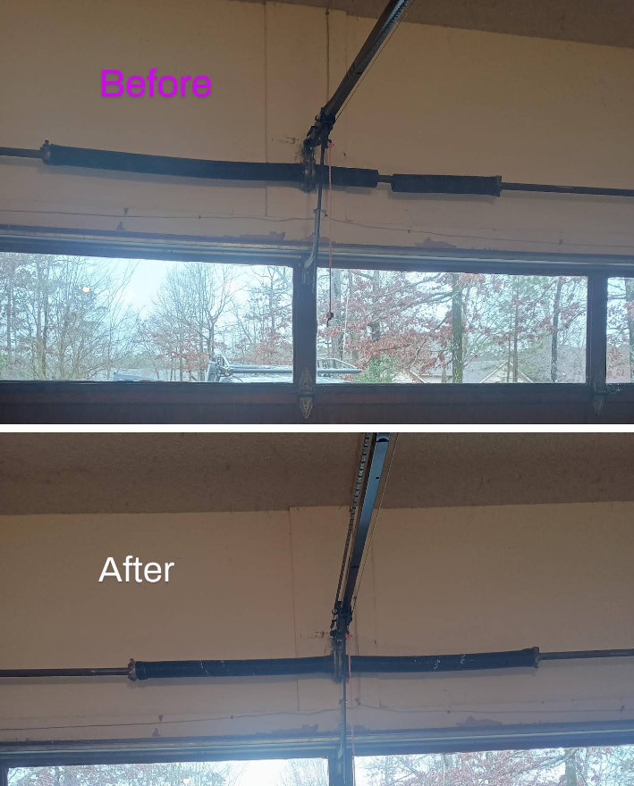 Before and after of a garage door spring and hardware overhaul